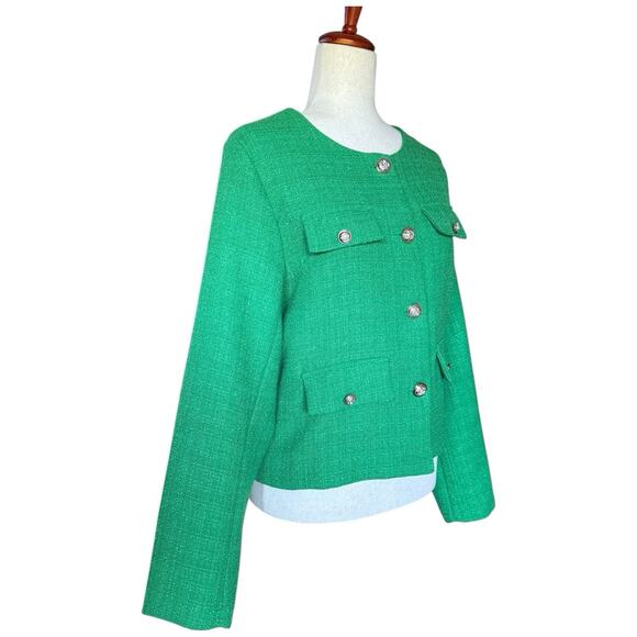 Emerald Green Cropped Tweed Jacket Silver Button Front Pockets Size L - Picture 3 of 9